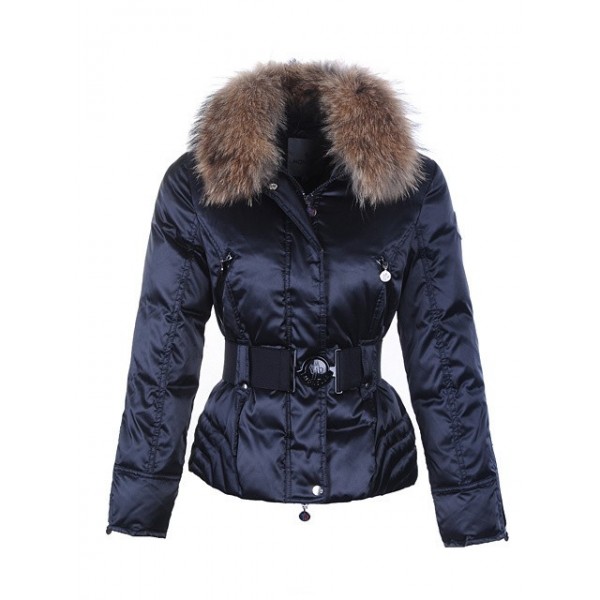 Moncler Corti Blu collo di pelliccia e cintura Donna eleganti Cappotti uscita